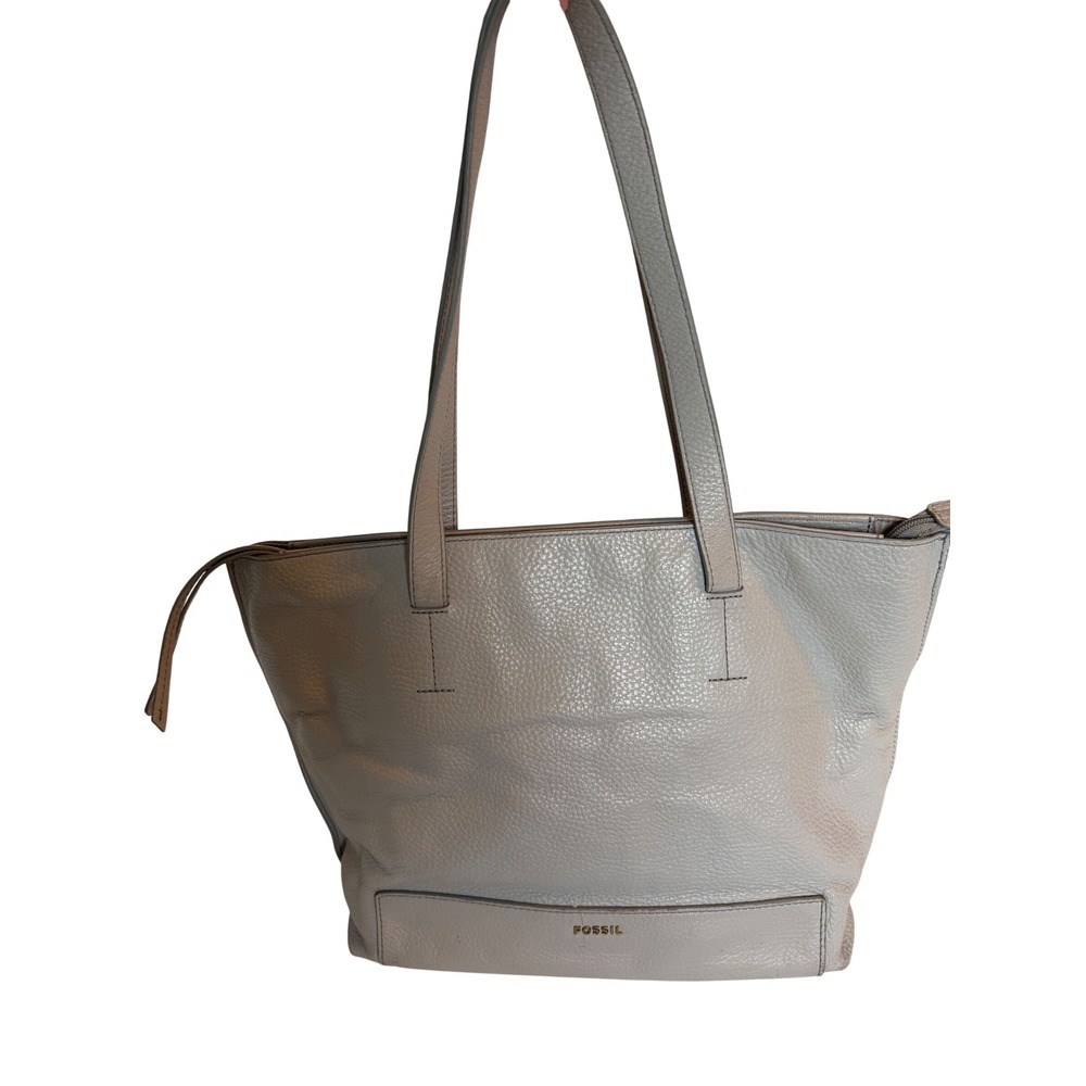 Fossil Tote Bag Womens Large Gray Good Pebbled Leather Zip Shoulder Bag